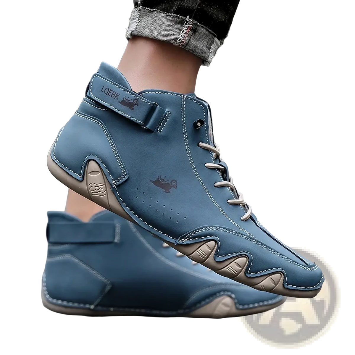 Men’s waterproof leather high top sneakers in blue with beige accents and distinctive wave patterned sole