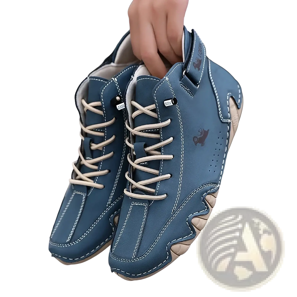 Men’s waterproof leather high top sneakers in blue with beige laces and stitching featuring a rugged sole design