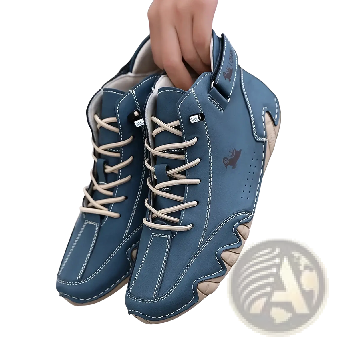 Men’s waterproof leather high top sneakers in blue with beige laces and stitching featuring a rugged sole design