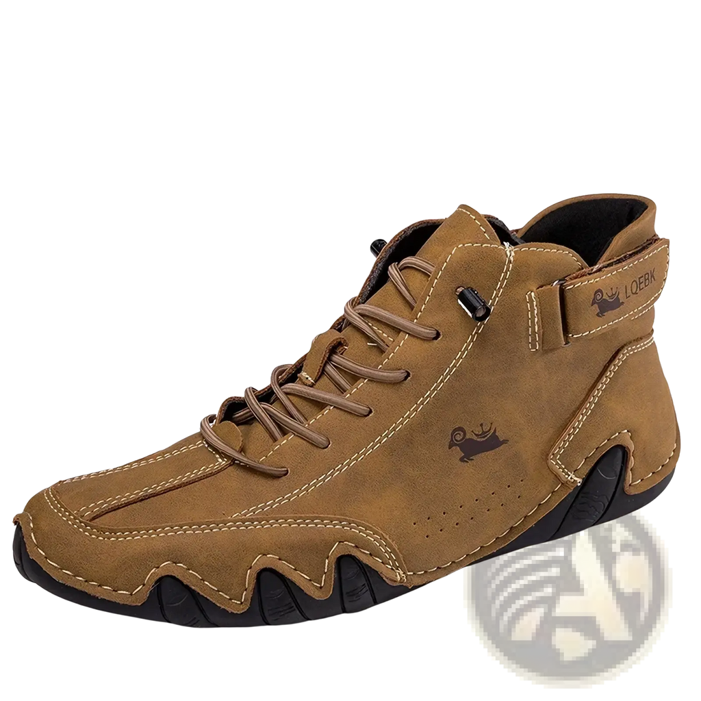 Men’s waterproof leather high top sneaker in tan suede with black rubber sole and detailed stitching