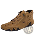 Men’s waterproof leather high top sneaker in tan suede with black rubber sole and detailed stitching