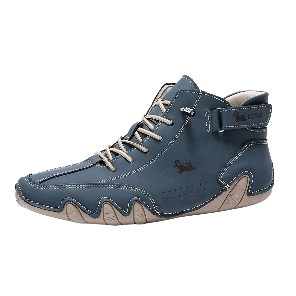 Men’s waterproof leather high top sneaker in dark blue with beige laces and a matching textured sole