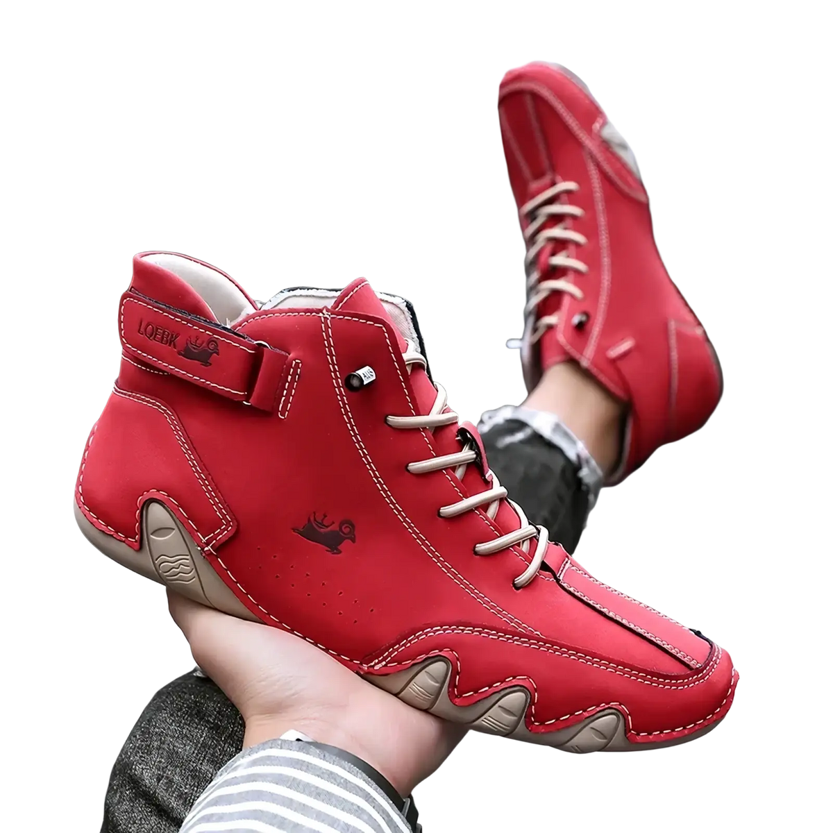 Men’s waterproof leather high top sneakers in red with beige laces and loeerk logo on the side