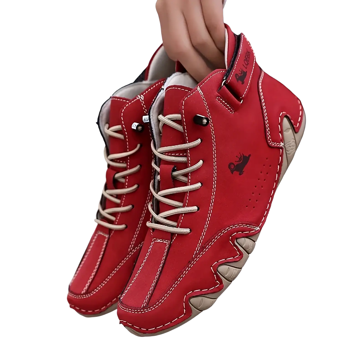 Men’s waterproof leather high top sneakers in red with beige laces and stitching featuring a rugged sole design