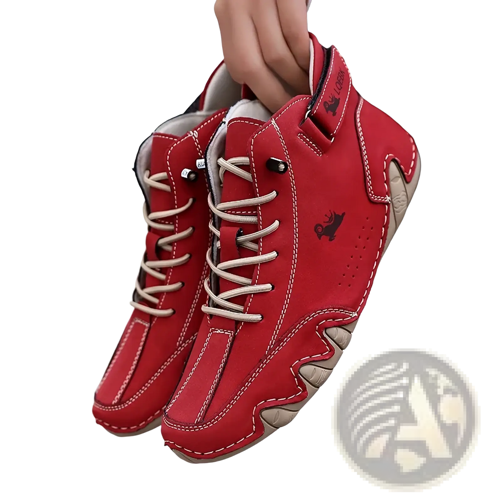 Men’s waterproof leather high top sneakers in red with beige laces and stitching featuring a rugged sole design