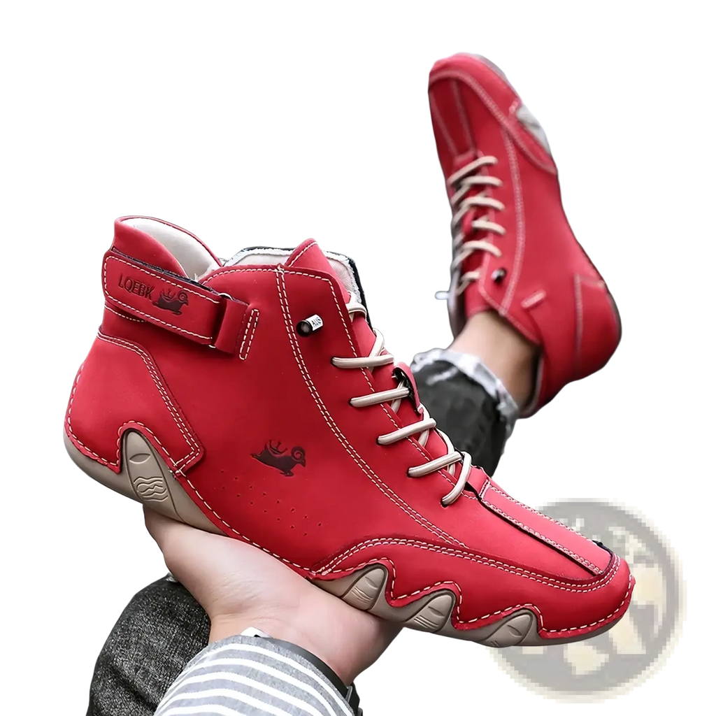 Men’s waterproof leather high top sneakers in red with beige laces and loeerk logo on the side