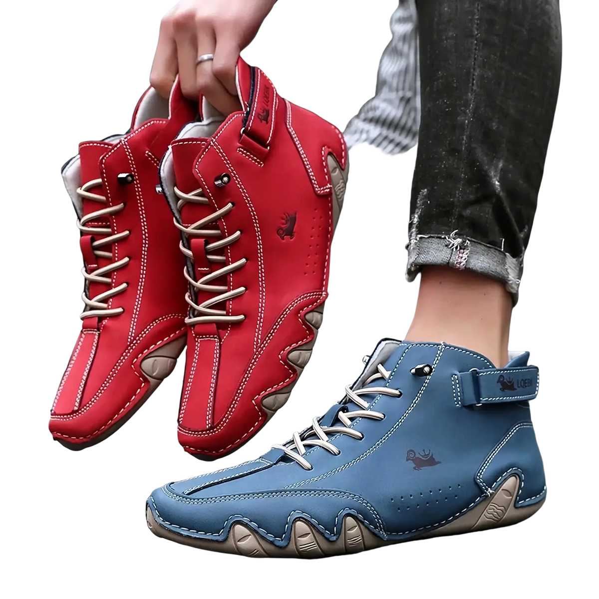 Men’s waterproof leather high top sneakers in red and blue with beige laces stitched leather uppers and textured soles