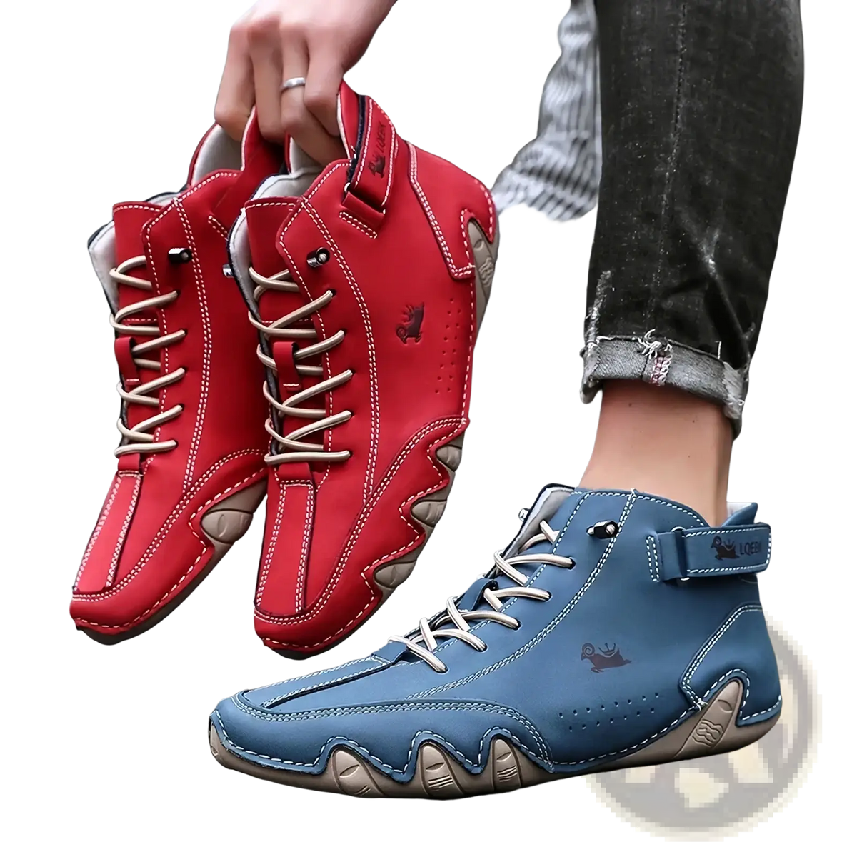 Men’s waterproof leather high top sneakers in red and blue with beige laces stitched leather uppers and textured soles