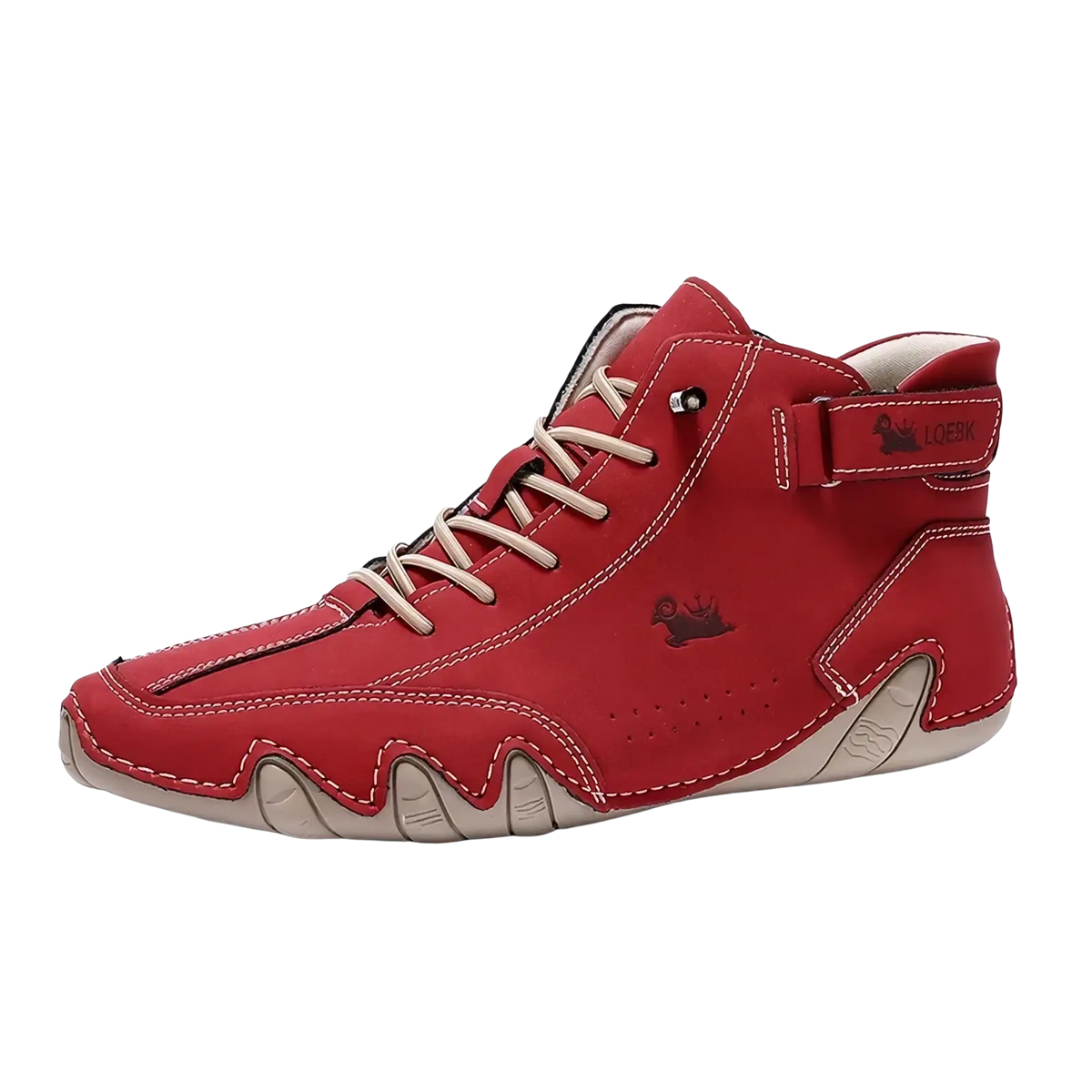 Men’s waterproof leather high top sneakers in red with beige laces and rubber sole featuring stitched detailing