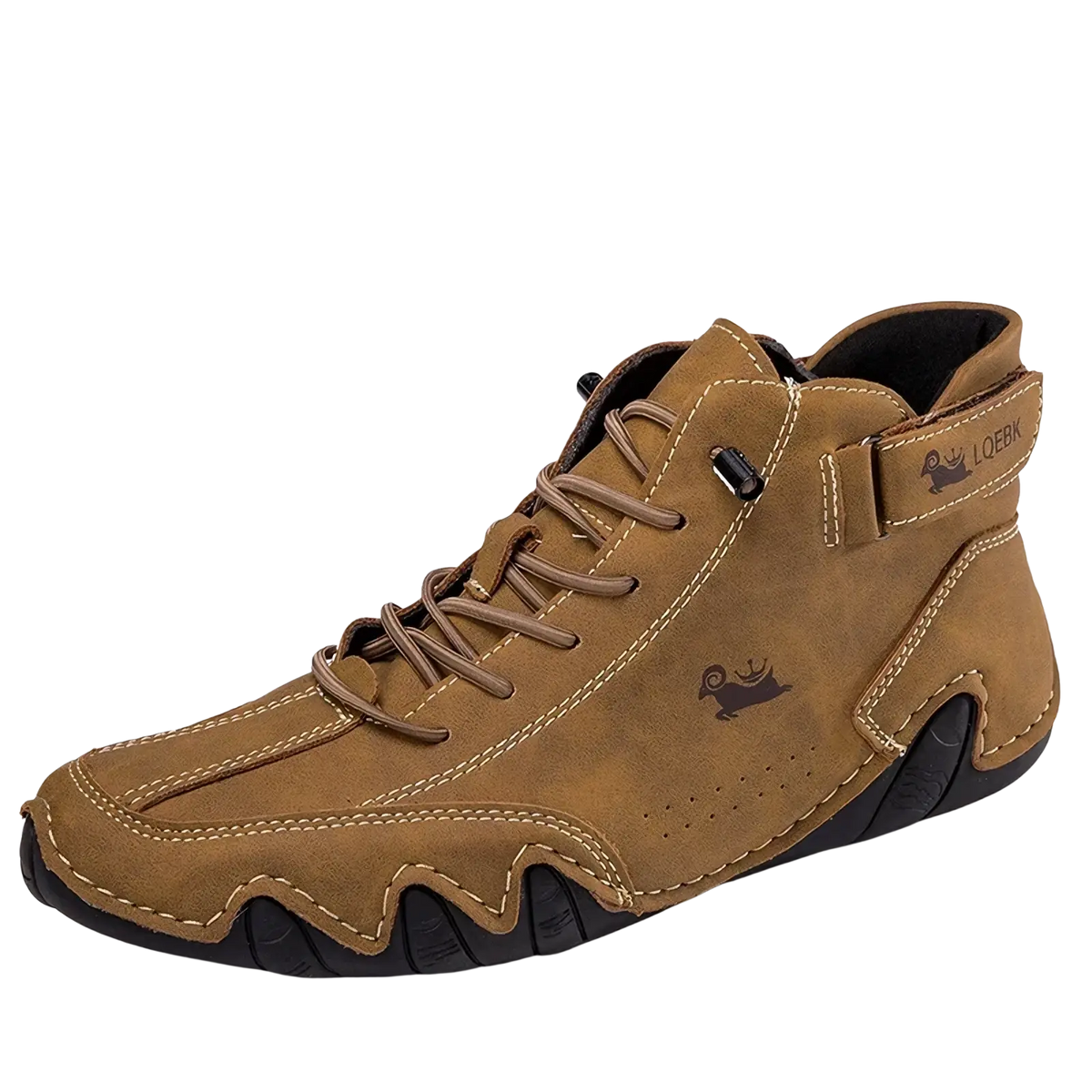 Men’s waterproof leather high top sneaker in tan suede with black rubber sole and detailed stitching