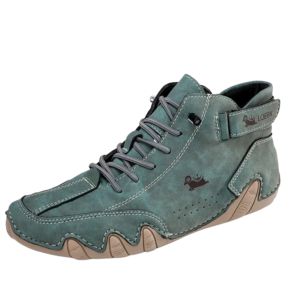 Men’s waterproof leather high top sneaker in teal suede with gray laces and tan rubber sole