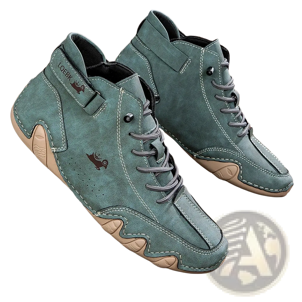 Men’s waterproof leather high top sneakers in teal suede with beige soles gray laces and a brown logo on the side