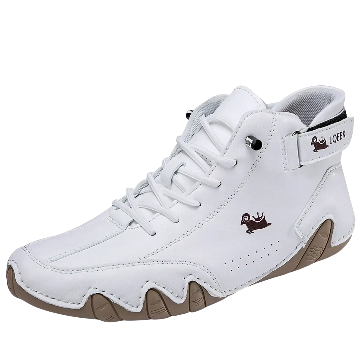Men’s waterproof leather high top sneaker in white with brown rubber sole and subtle stitching details