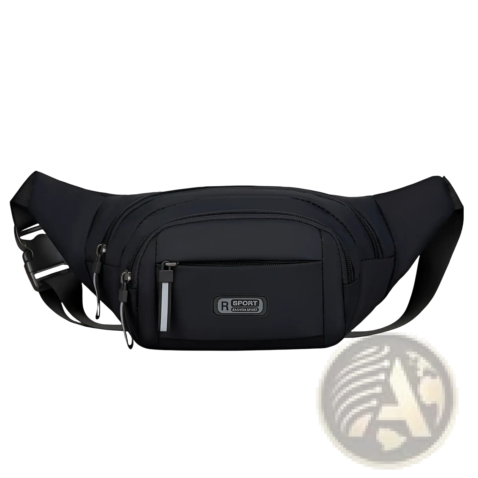 Men’s black waterproof nylon multifunctional crossbody waist bag with multiple zippered compartments and reflective straps
