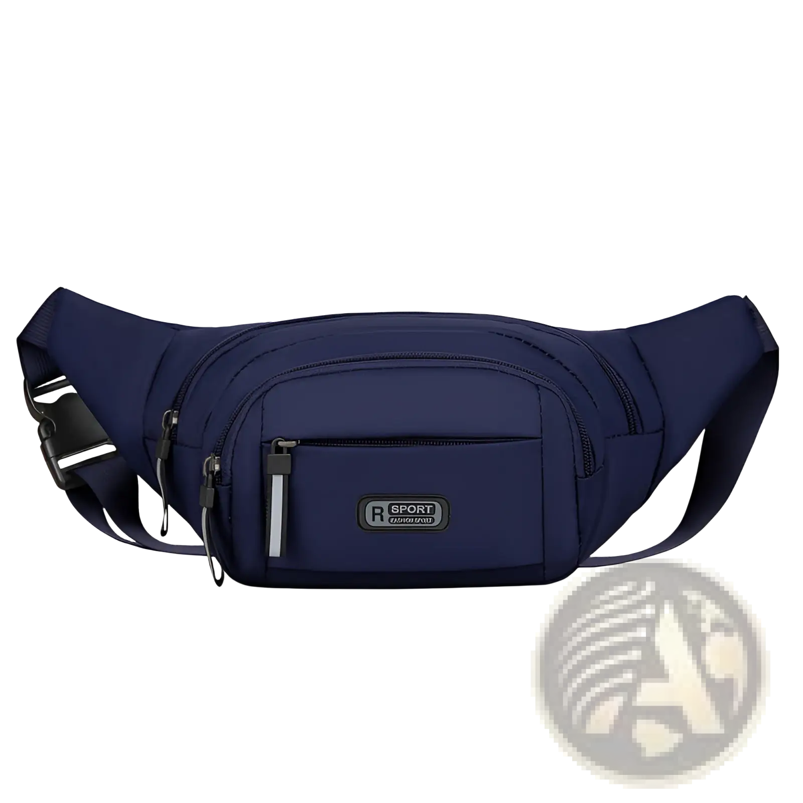 Men’s waterproof nylon multifunctional navy blue waist pack with multiple zippered compartments and front branded patch