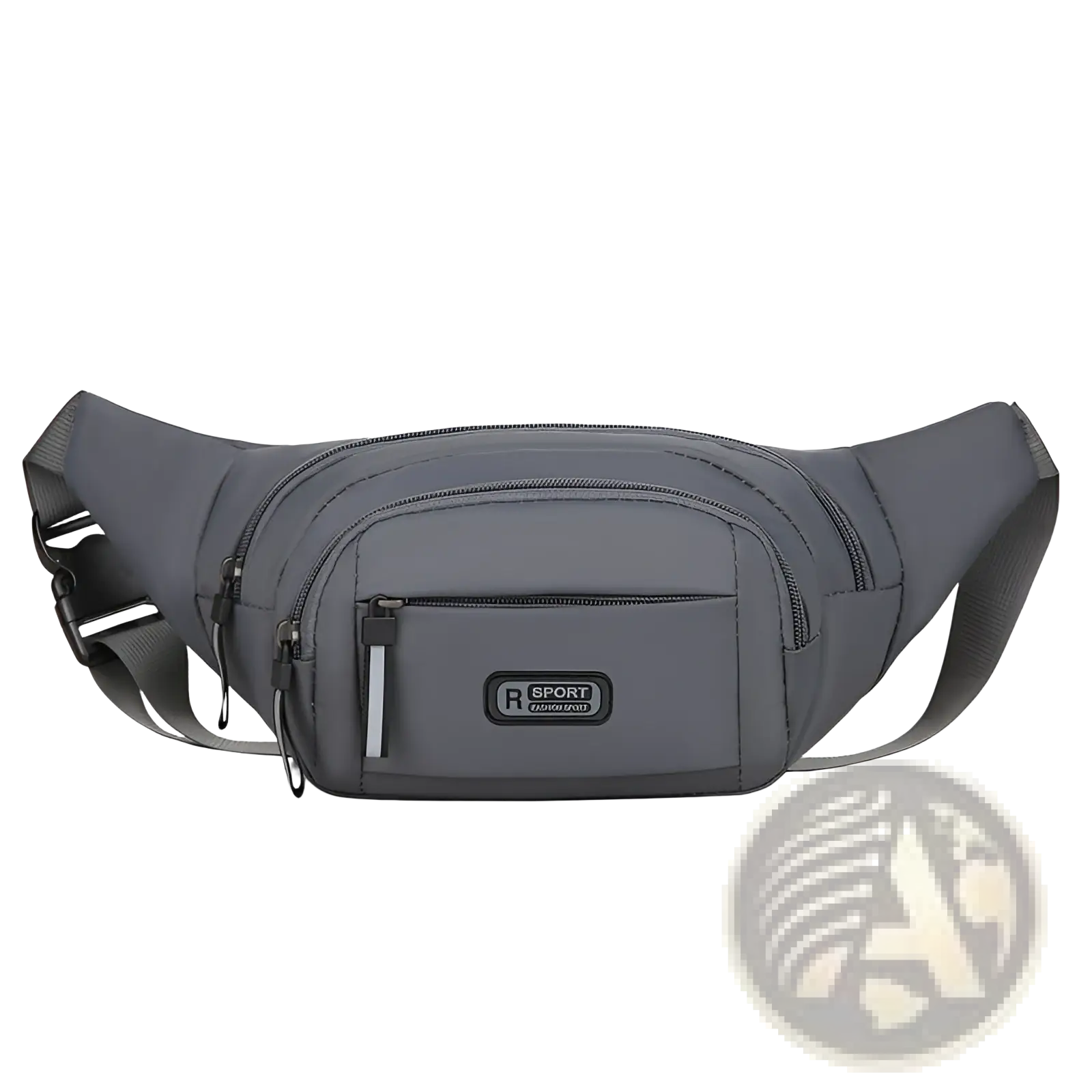 Gray r sport branded men’s waterproof nylon multifunctional waist pack with multiple zippered compartments and adjustable strap