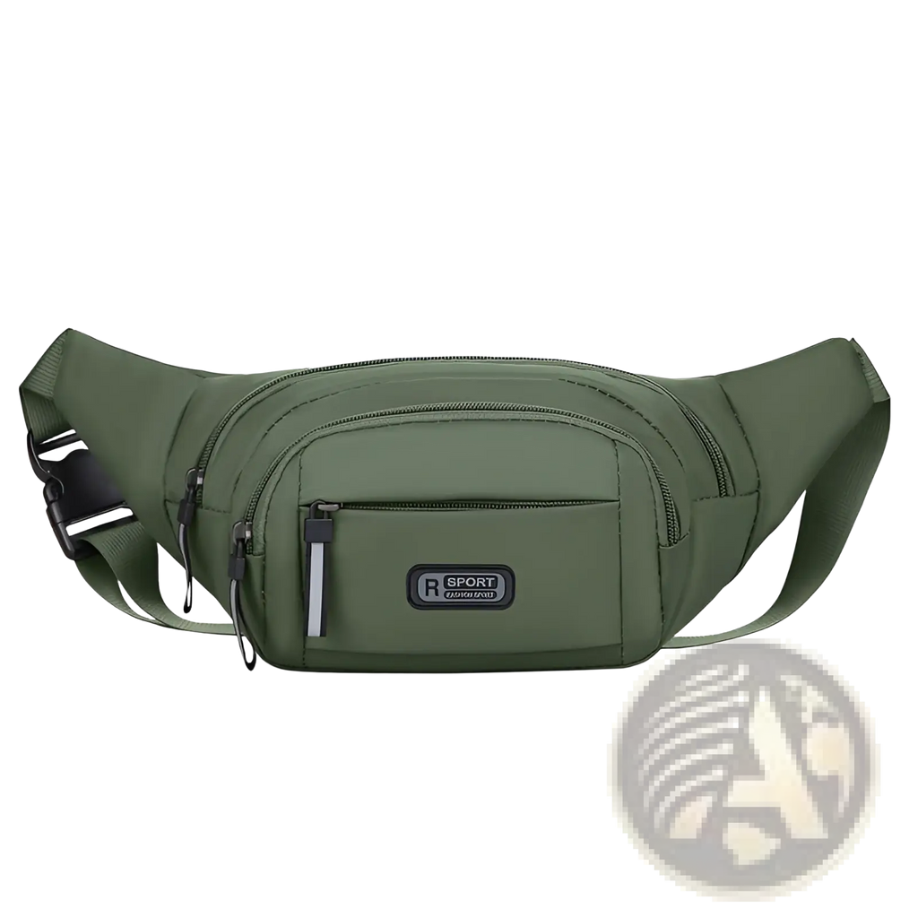 Men’s waterproof nylon multifunctional olive green waist pack with r sport branding, multiple zippered compartments, and adjustable strap