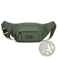 Men’s waterproof nylon multifunctional olive green waist pack with r sport branding, multiple zippered compartments, and adjustable strap