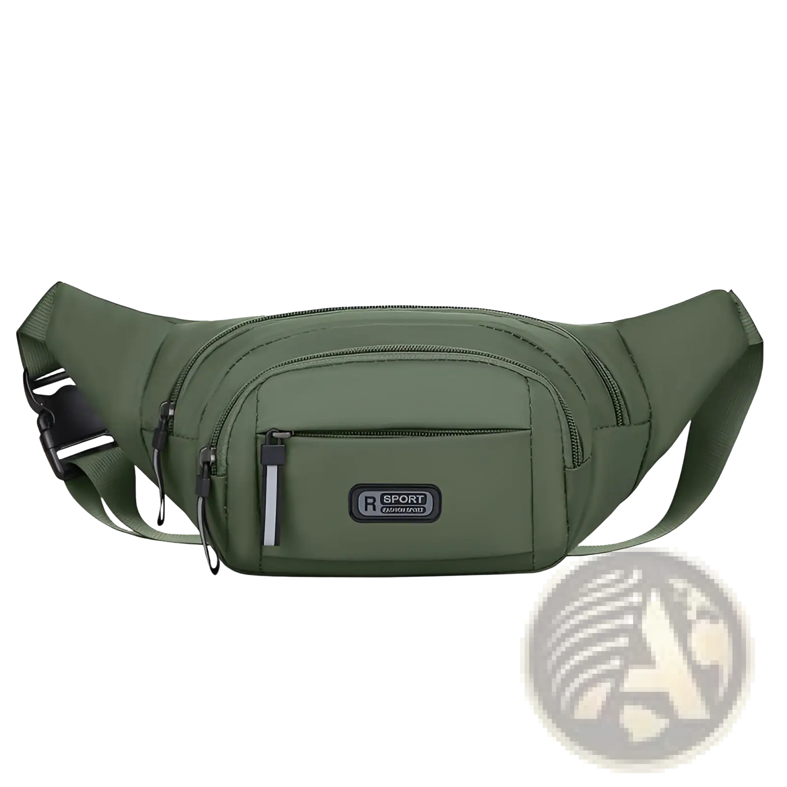 Men’s waterproof nylon multifunctional olive green waist pack with r sport branding, multiple zippered compartments, and adjustable strap