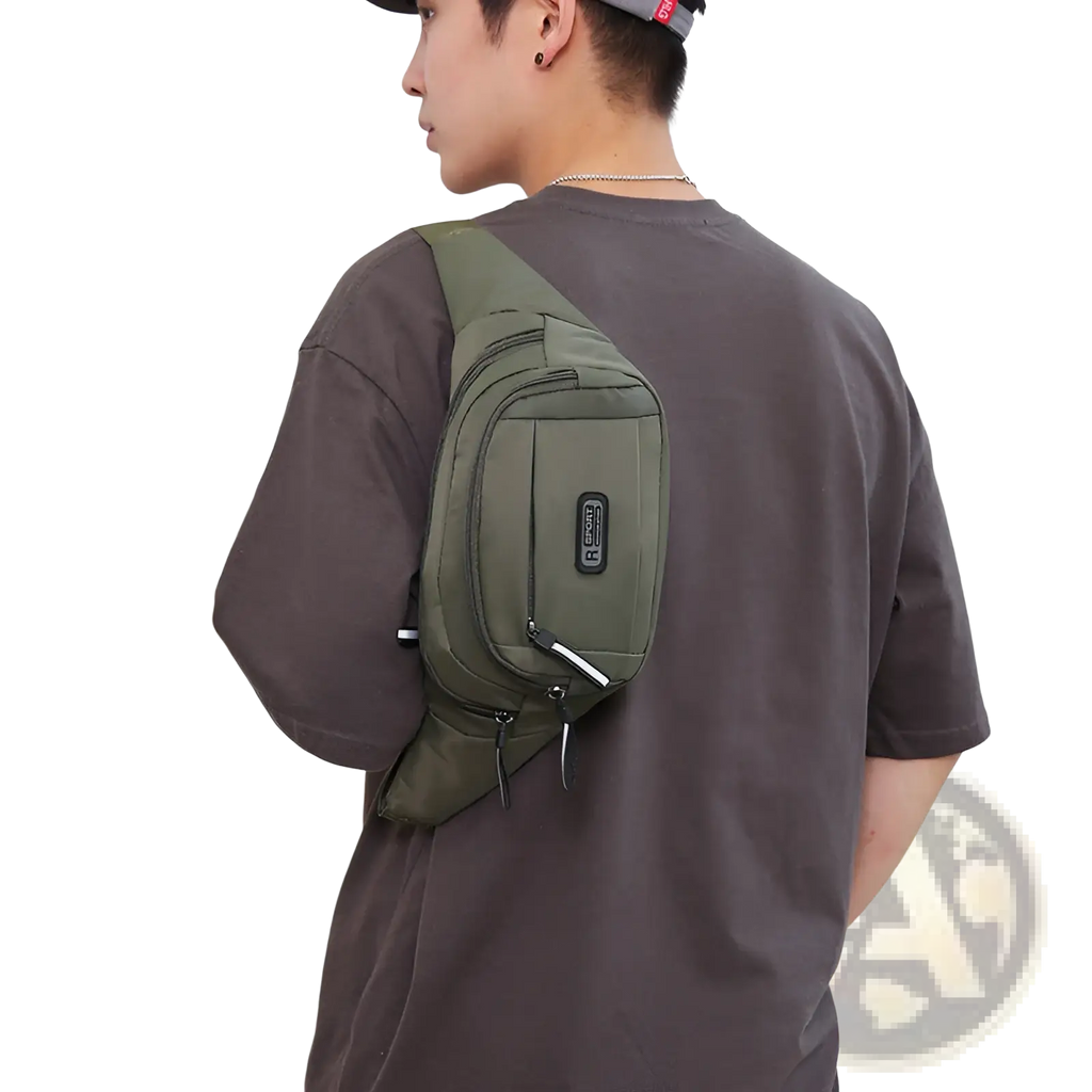 Men’s olive green waterproof nylon multifunctional crossbody waist bag with black zipper pulls and brand patch