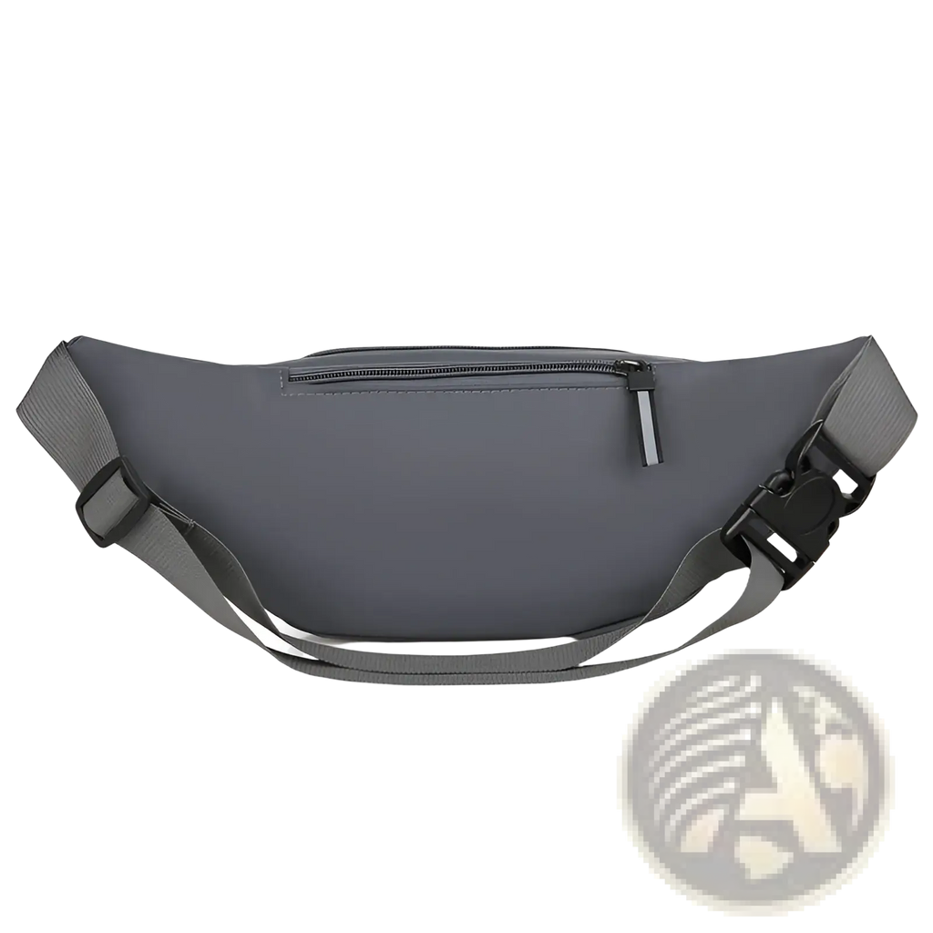 Gray waterproof nylon men’s multifunctional waist bag with black zipper and adjustable strap for crossbody use