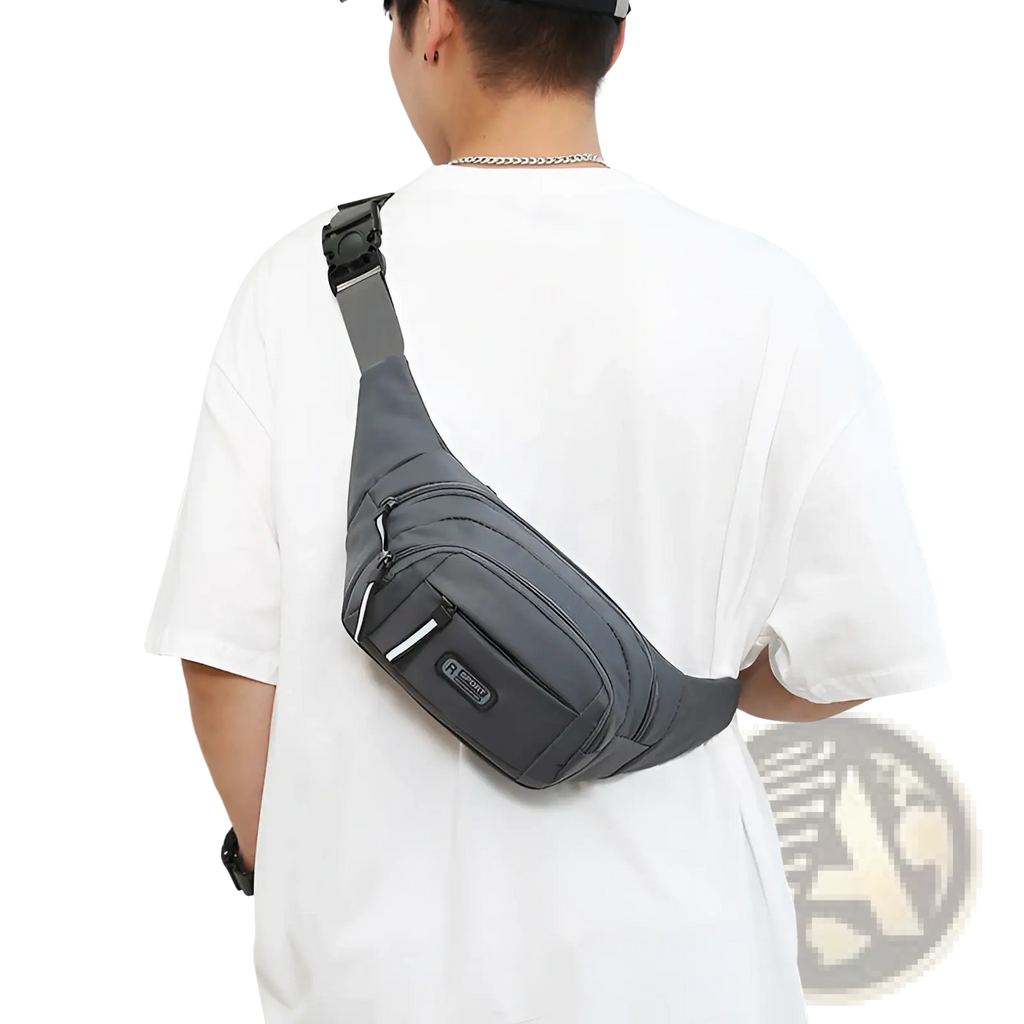 Men’s waterproof nylon multifunctional gray waist pack with black adjustable strap and multiple zippered compartments