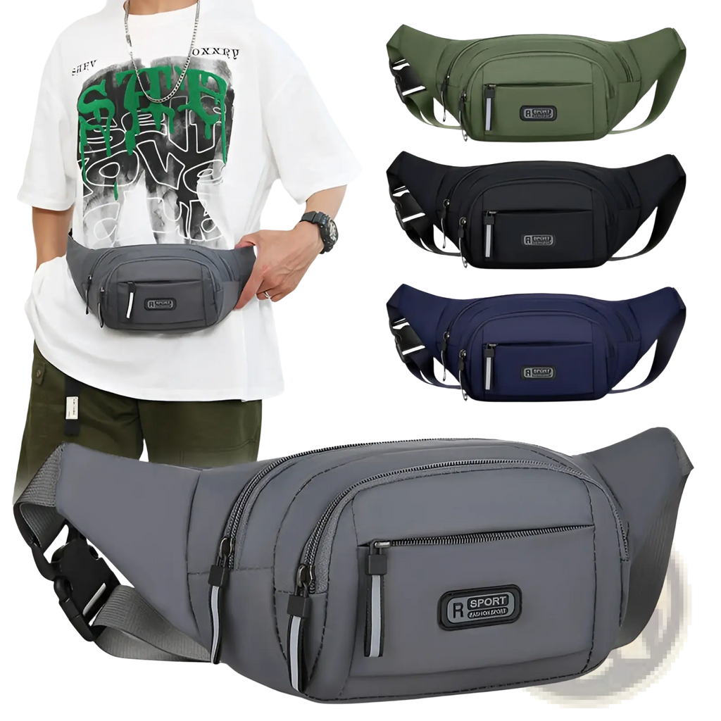 Gray r sport branded men’s waterproof nylon multifunctional crossbody waist bag with multiple zippered compartments and reflective strips