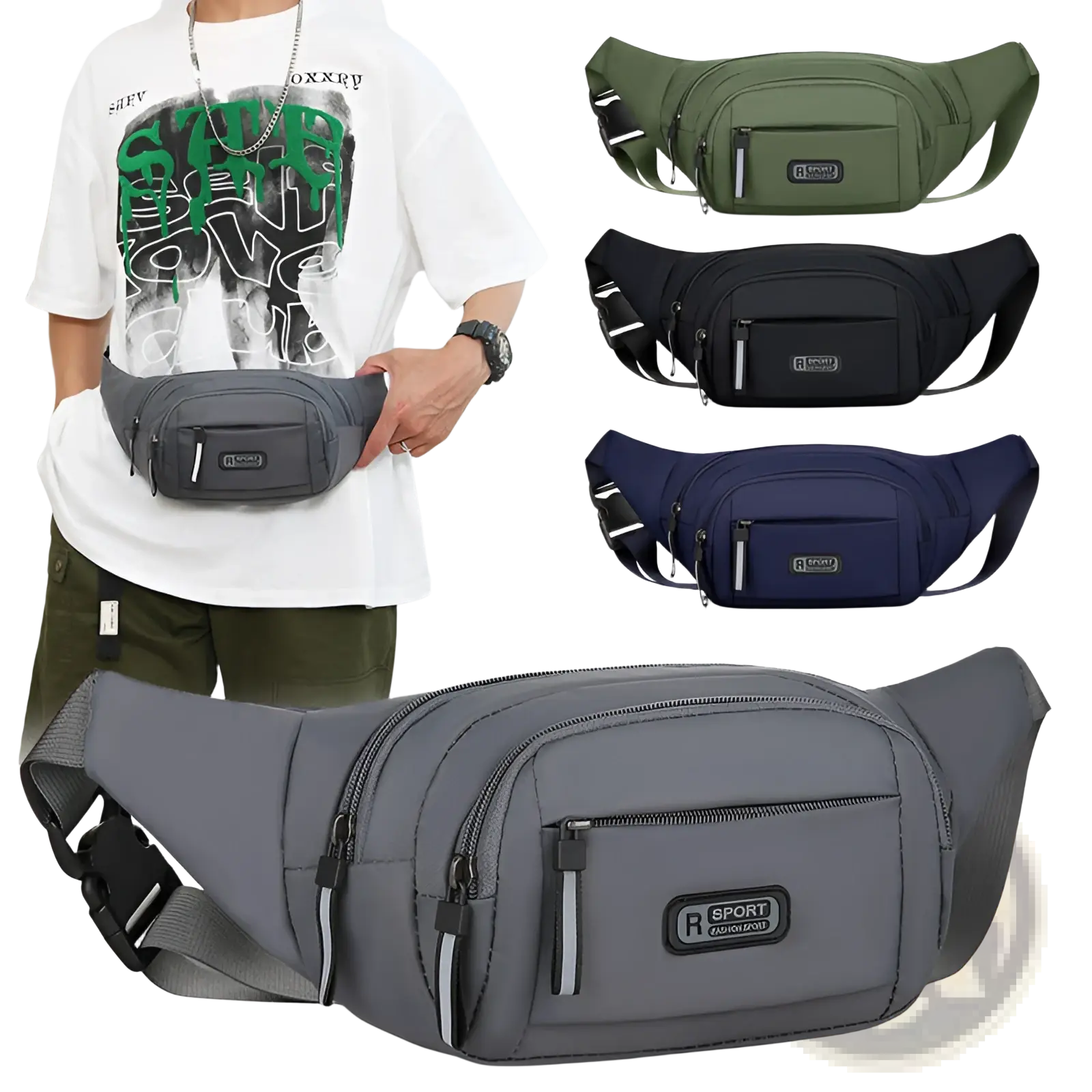 Gray r sport branded men’s waterproof nylon multifunctional crossbody waist bag with multiple zippered compartments and reflective strips