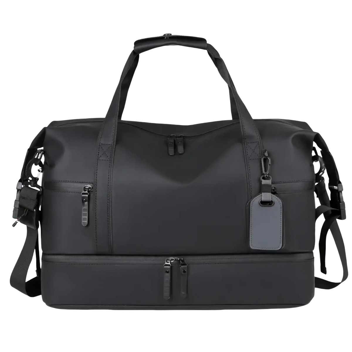 Men’s waterproof black nylon travel duffel bag with dual top handles adjustable shoulder strap and zippered compartments