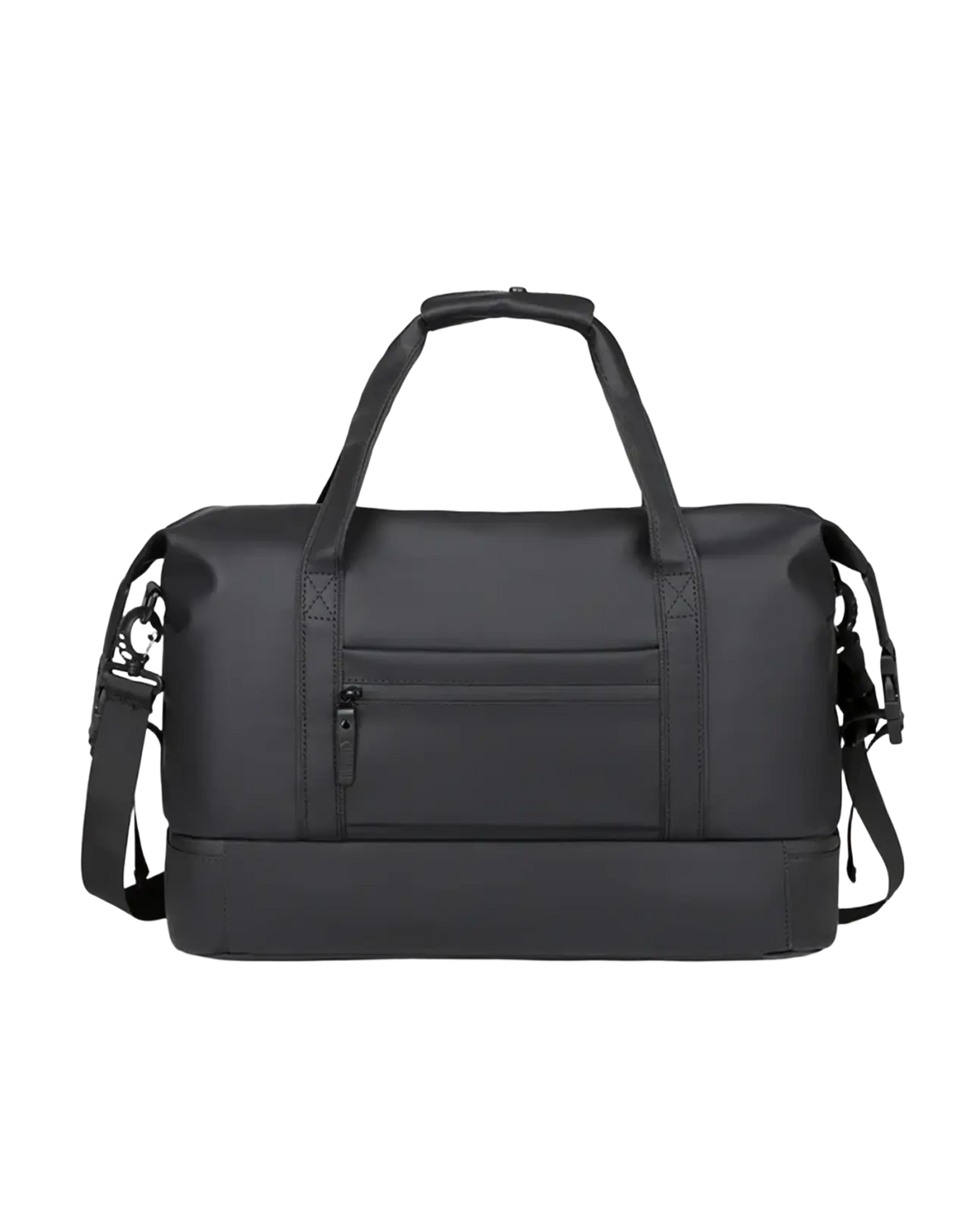 Black waterproof nylon men’s travel duffel bag with top handles and adjustable shoulder strap