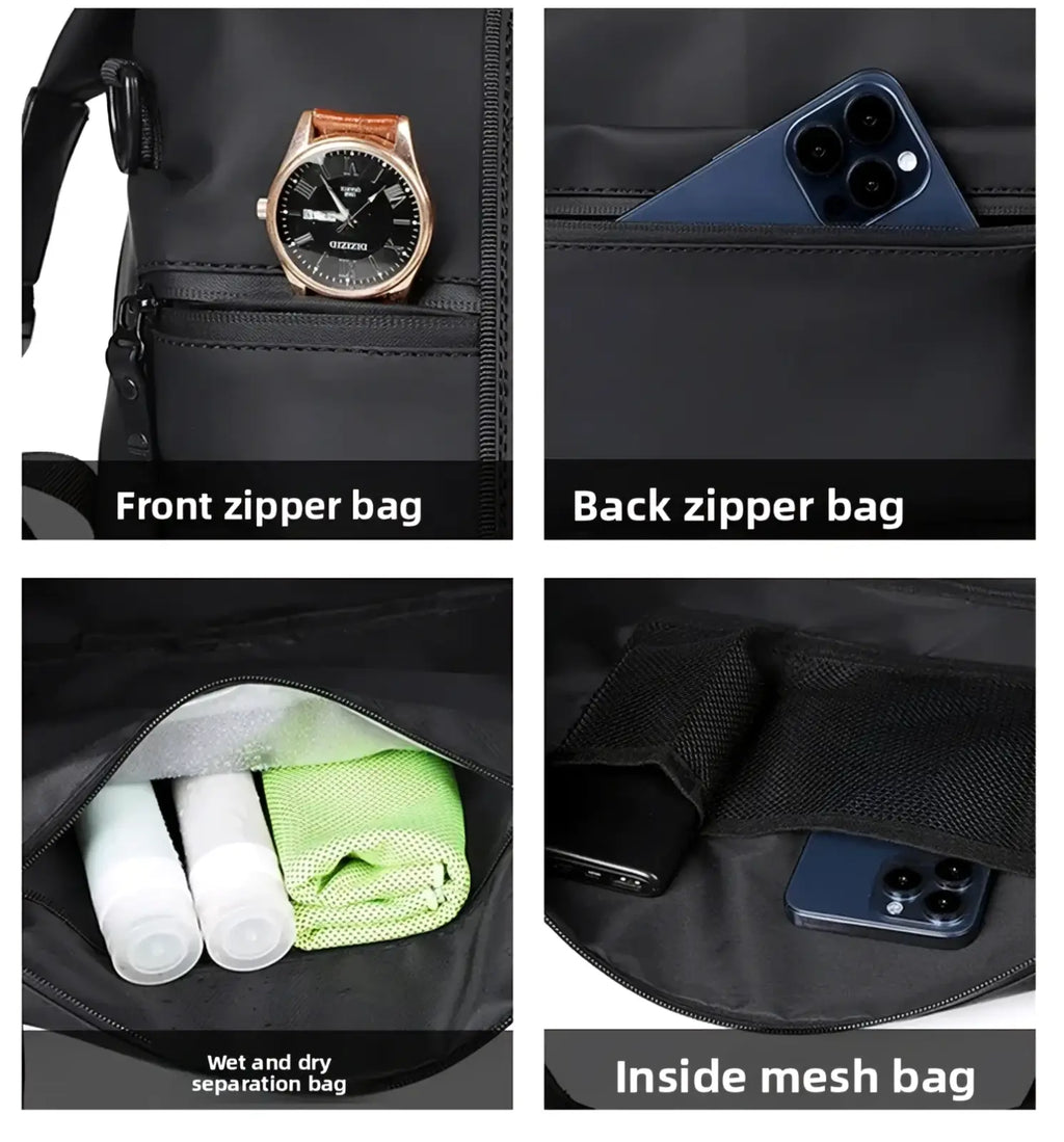 Men’s waterproof black nylon travel duffel bag with front and back zipper bags wet and dry compartment and mesh pocket