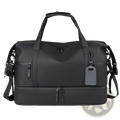 Men’s waterproof black nylon travel duffel bag with dual top handles adjustable shoulder strap and zippered compartments