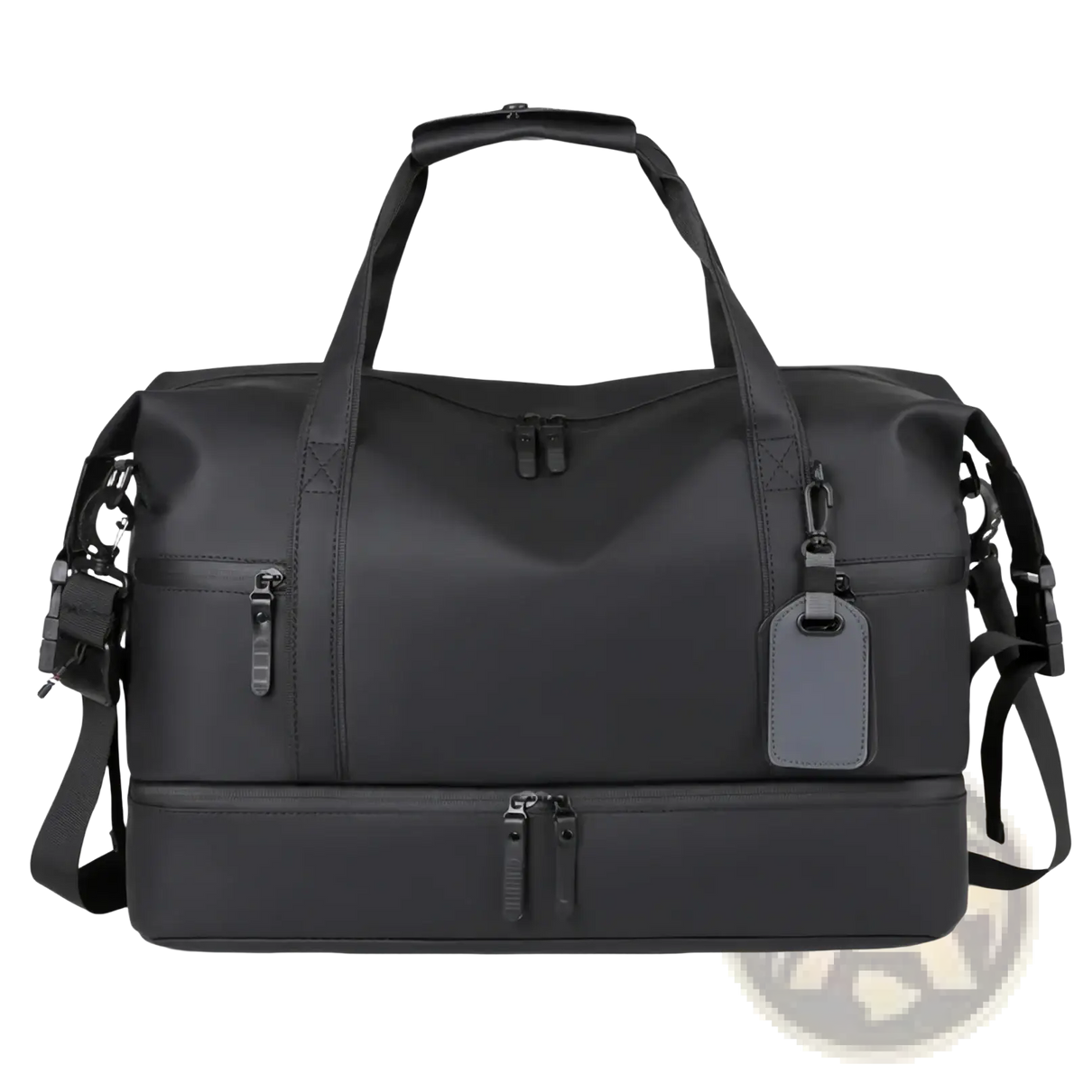 Men’s waterproof black nylon travel duffel bag with dual top handles adjustable shoulder strap and zippered compartments