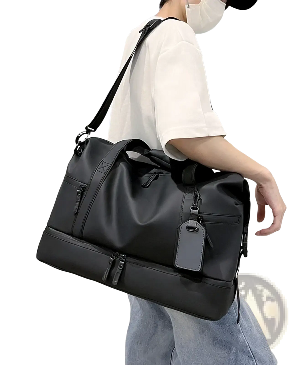 Black durable nylon men’s waterproof travel duffel bag with multiple zippers and detachable shoulder strap
