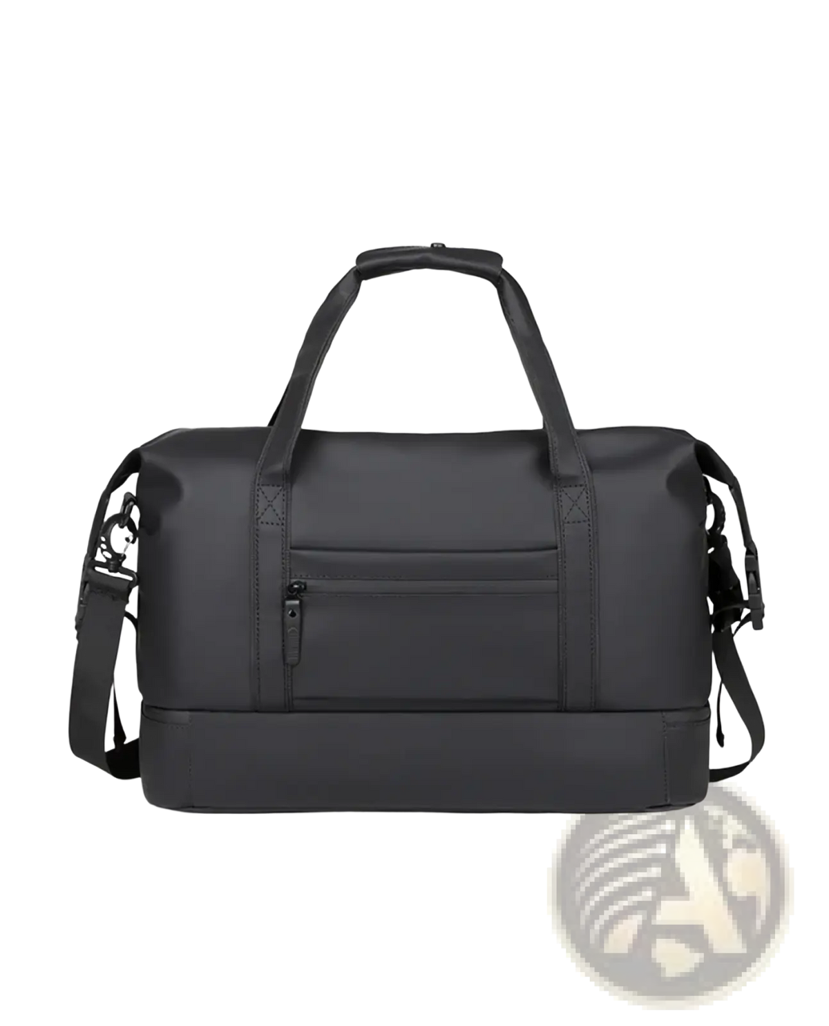 Black waterproof nylon men’s travel duffel bag with top handles and adjustable shoulder strap