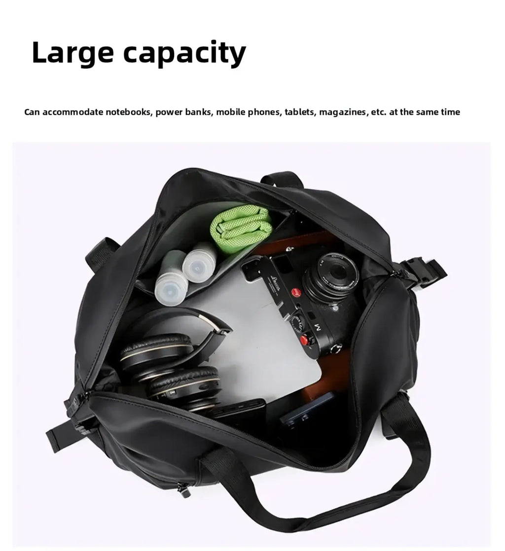 Black waterproof nylon men’s travel duffel bag with multiple compartments and adjustable straps for versatile use