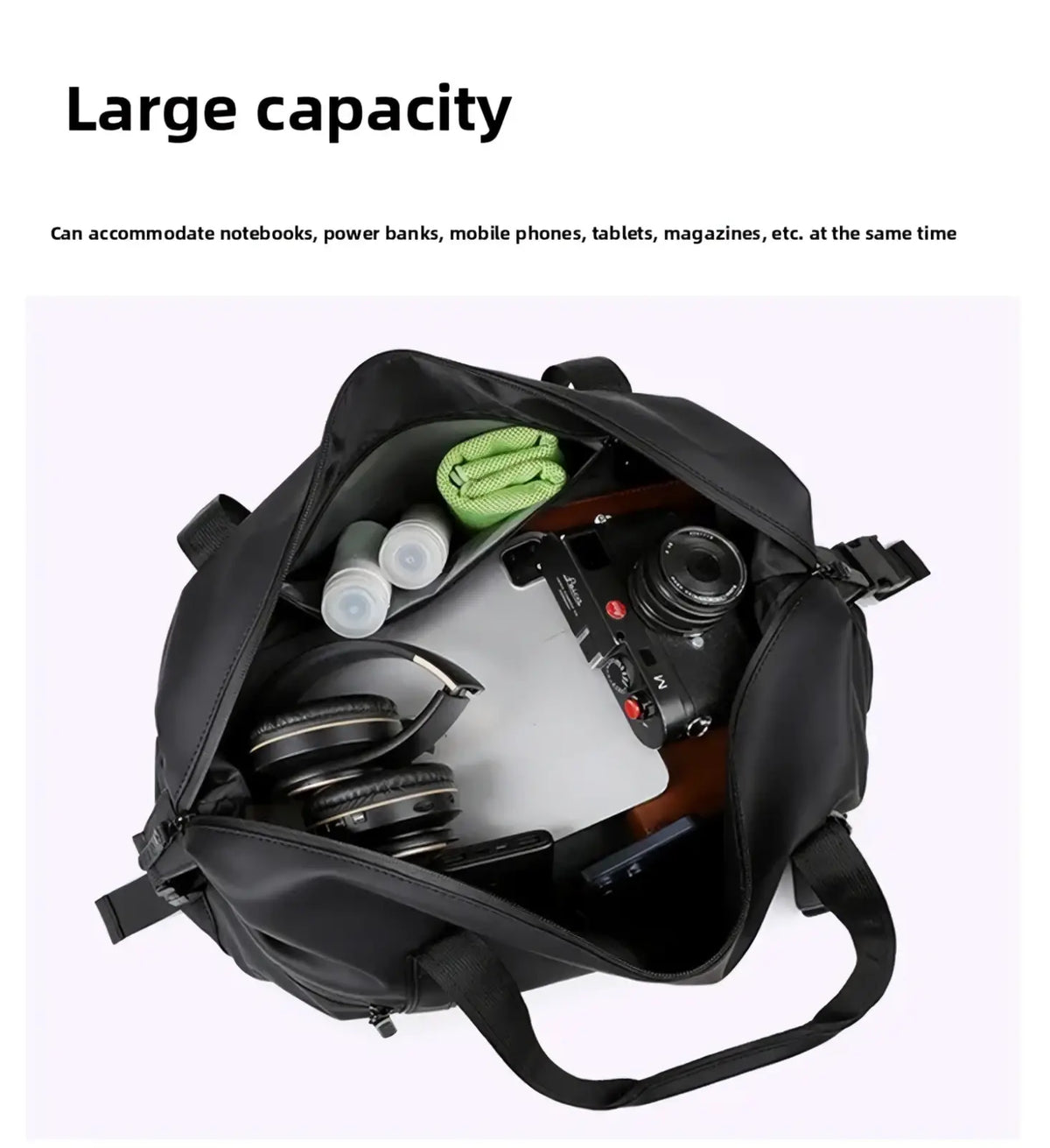 Black waterproof nylon men’s travel duffel bag with multiple compartments and adjustable straps for versatile use