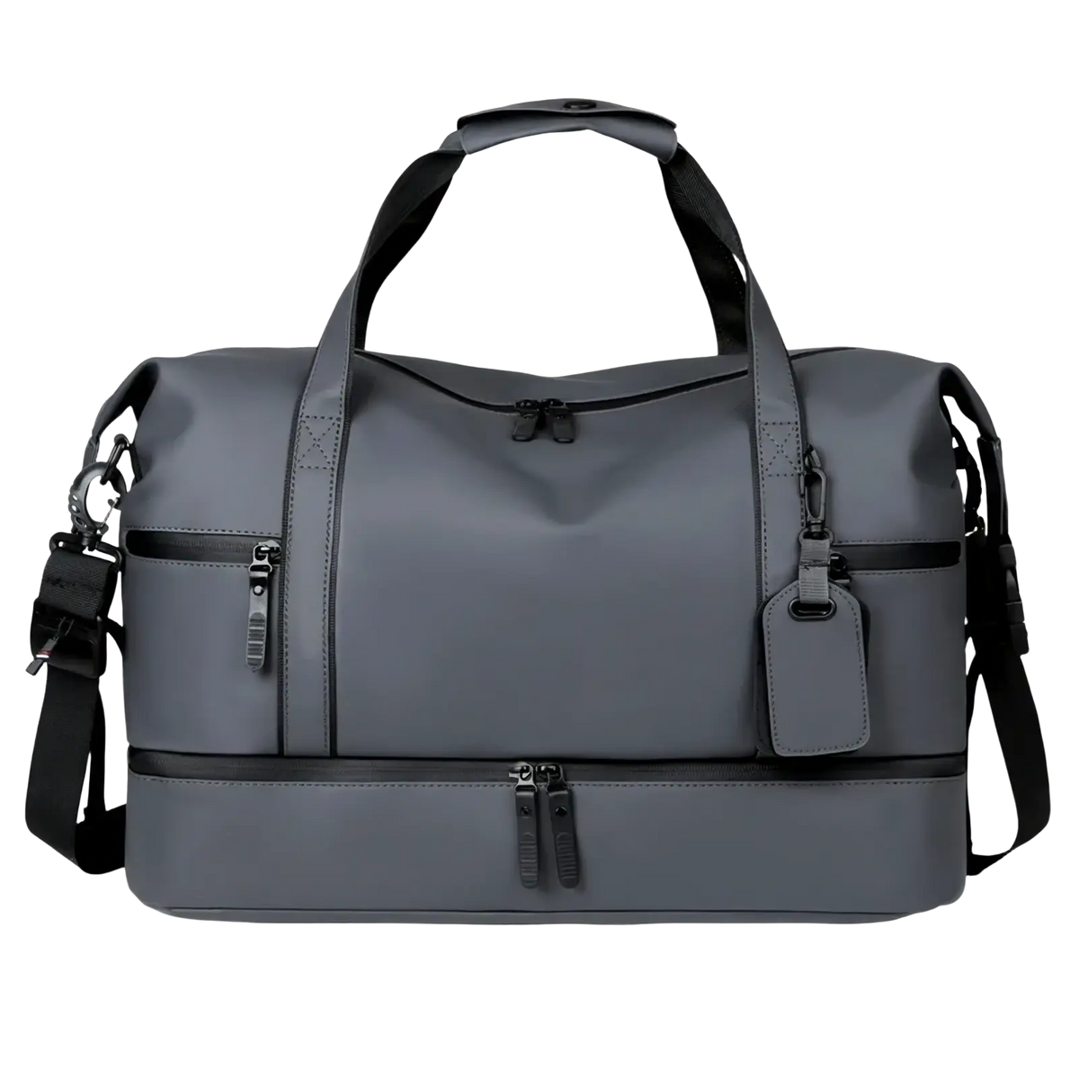 Men’s waterproof nylon travel duffel bag in gray with black handles and zippers featuring a modern sleek design