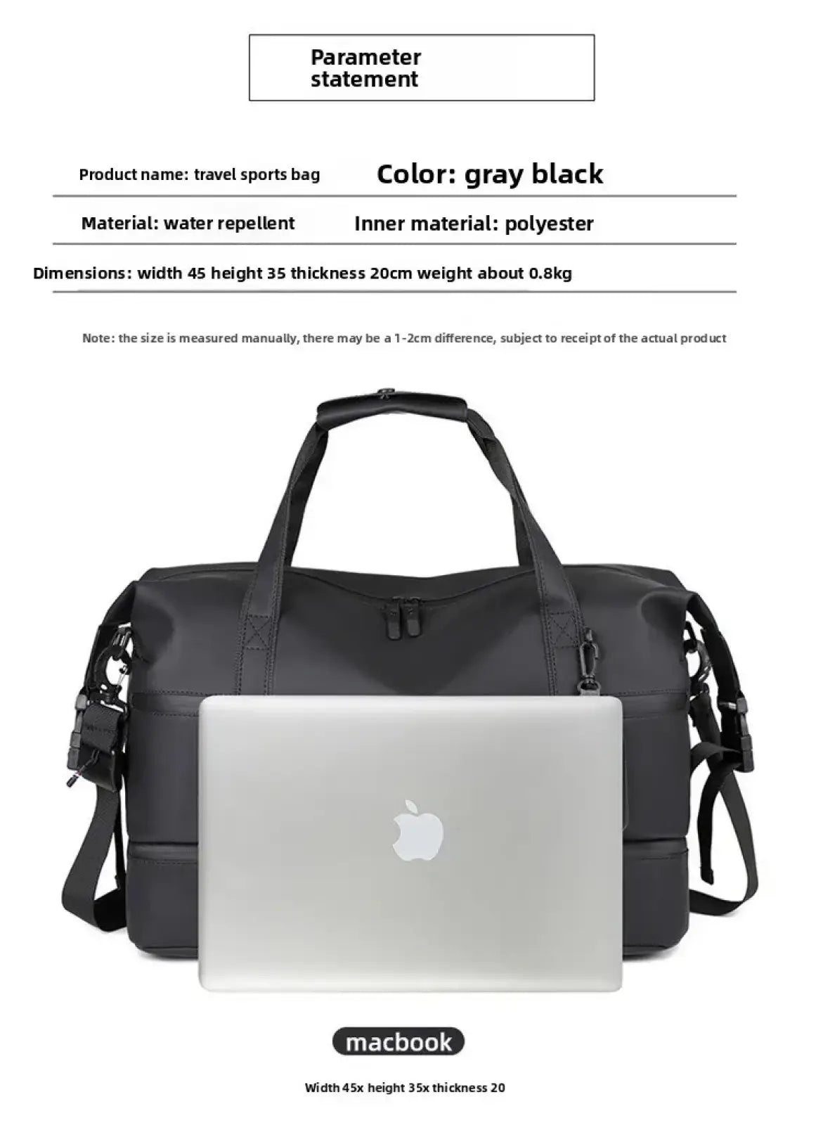 Gray black waterproof nylon men’s travel duffel bag with water repellent exterior and polyester inner lining