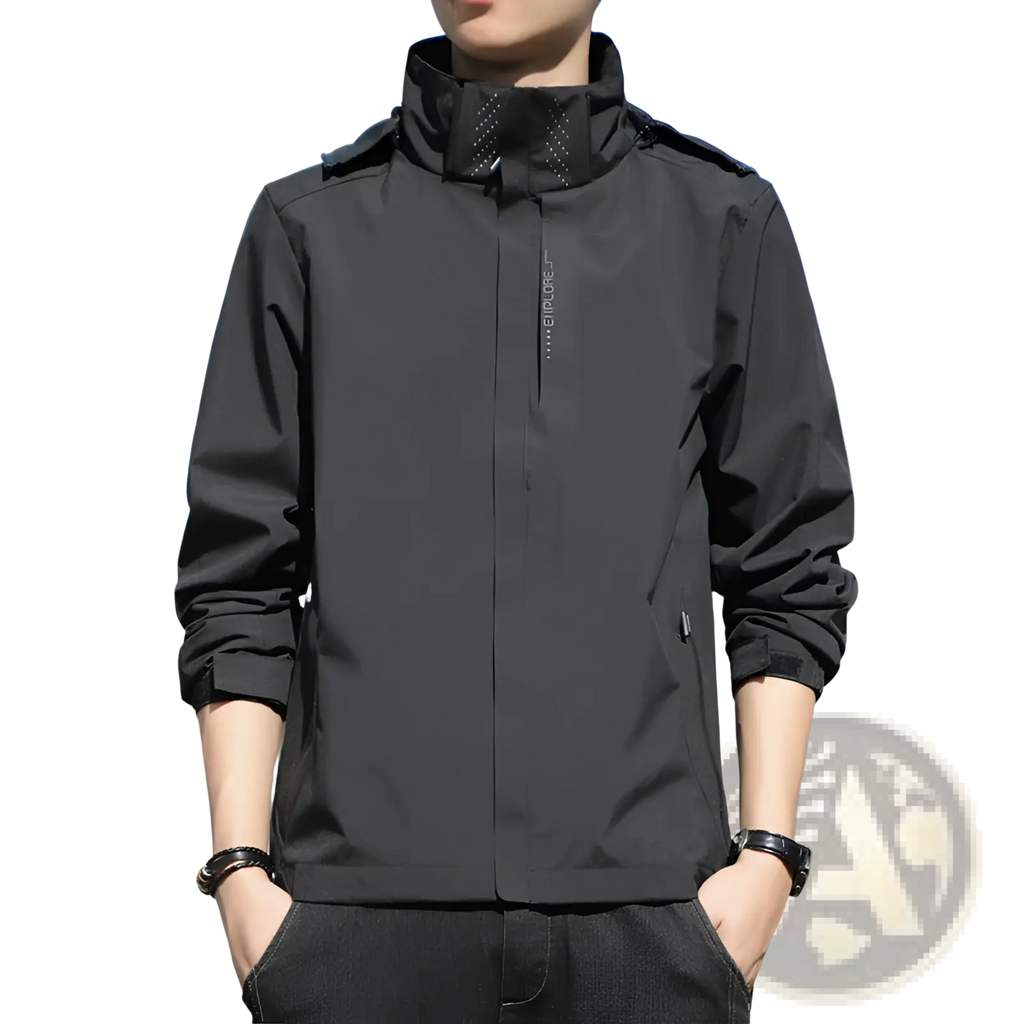 Men’s waterproof sports jacket in black lightweight water-resistant material with high collar and subtle chest logo