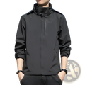 Men’s waterproof sports jacket in black lightweight water-resistant material with high collar and subtle chest logo