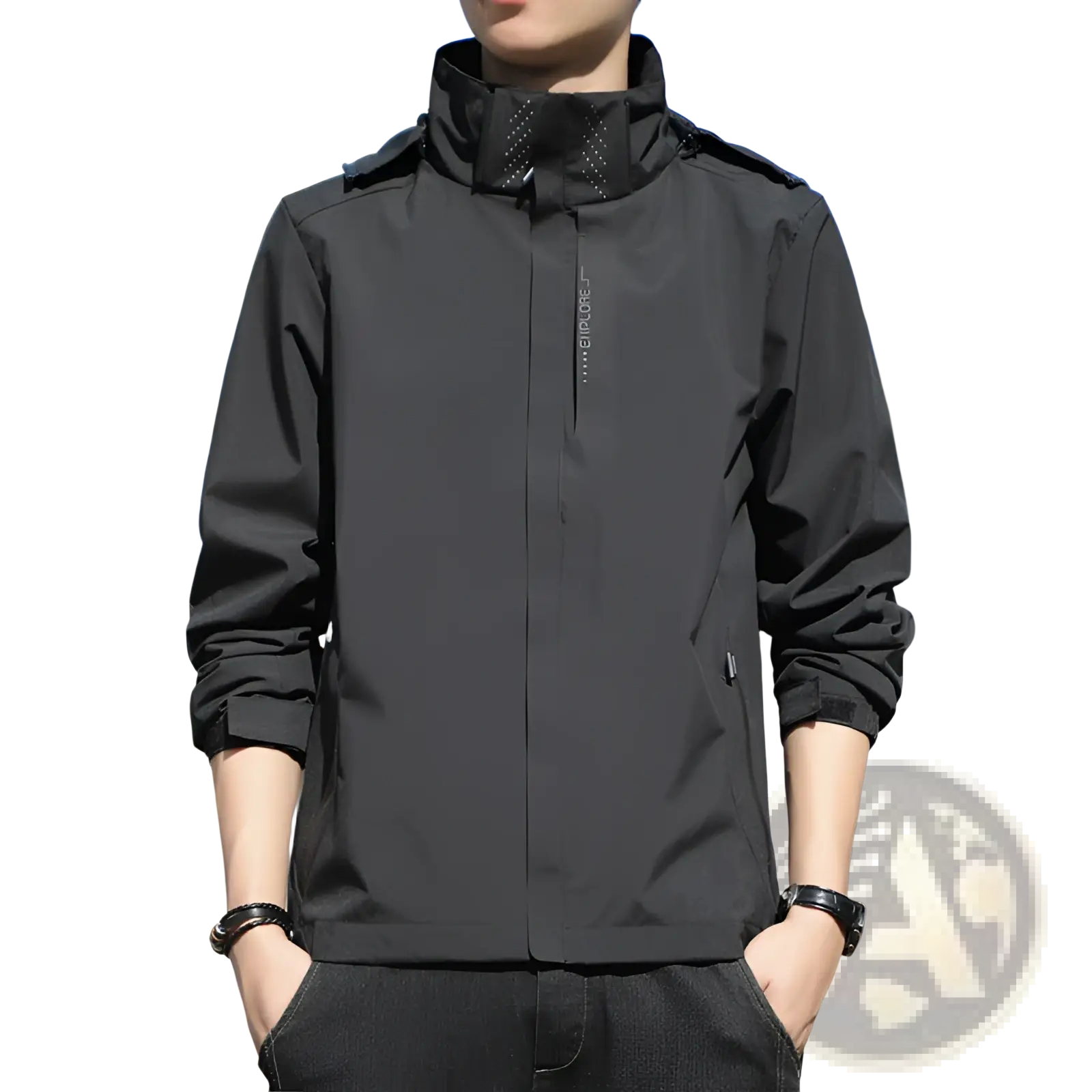 Men’s waterproof sports jacket in black lightweight water-resistant material with high collar and subtle chest logo
