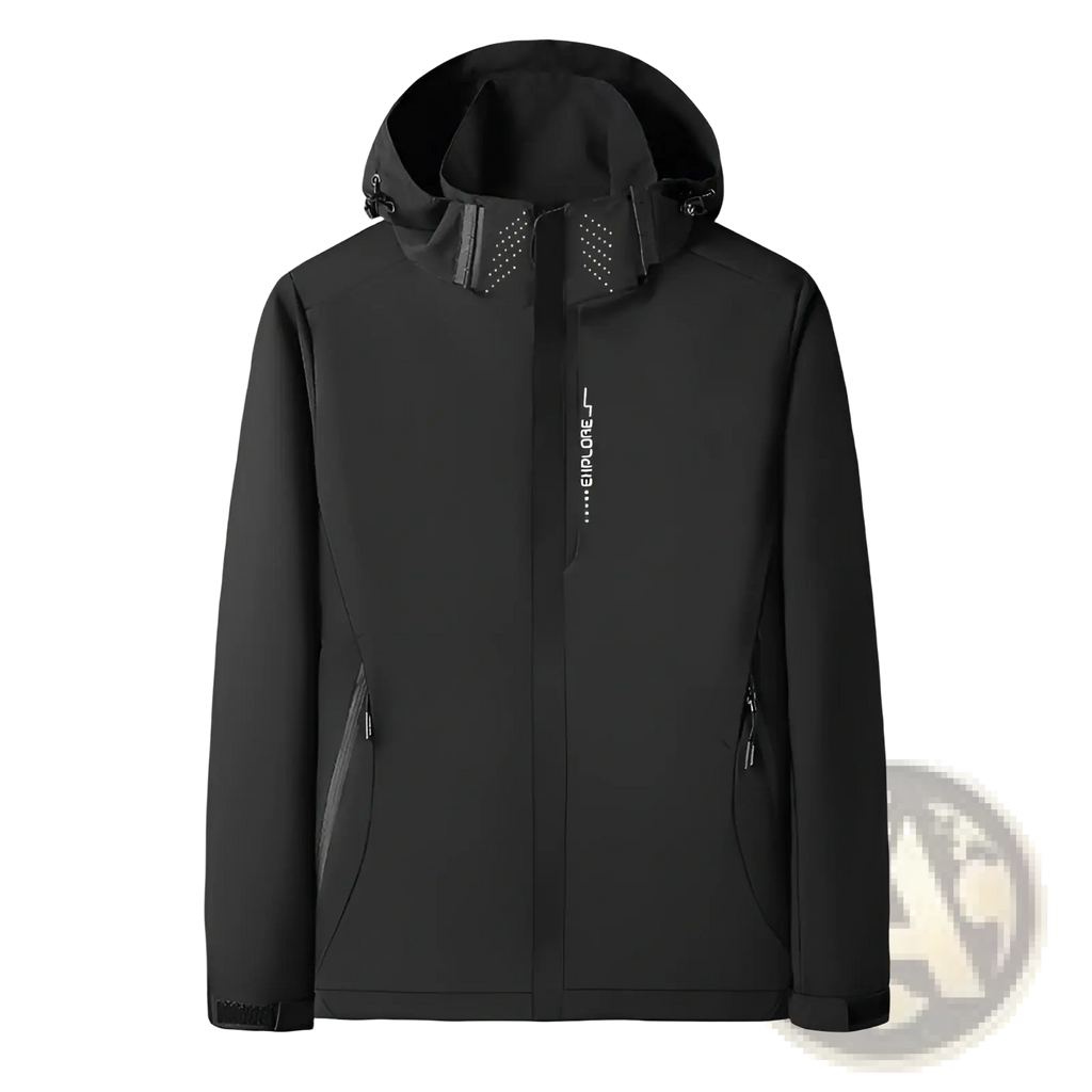 Men’s waterproof sports jacket in black with hood, subtle gray accents, and explore print on left chest