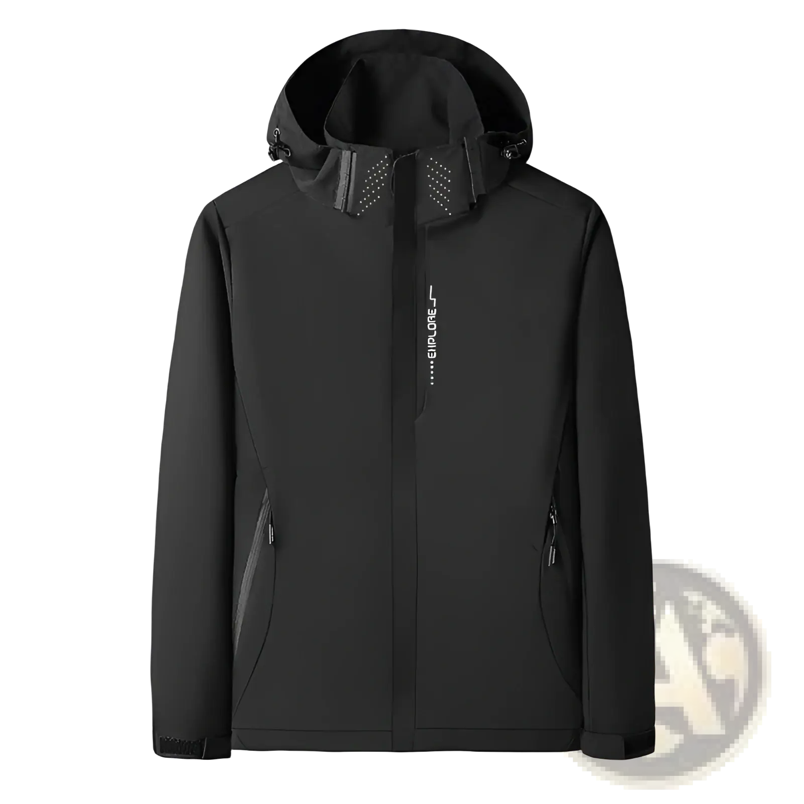 Men’s waterproof sports jacket in black with hood, subtle gray accents, and explore print on left chest