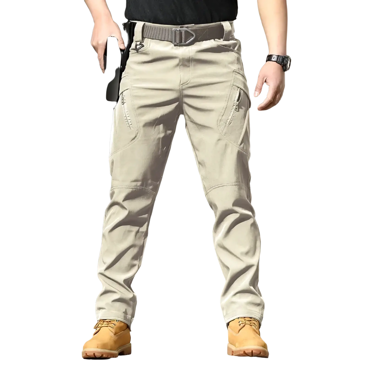 Beige men’s waterproof tactical cargo pants with multiple zippered pockets and sturdy belt loop design