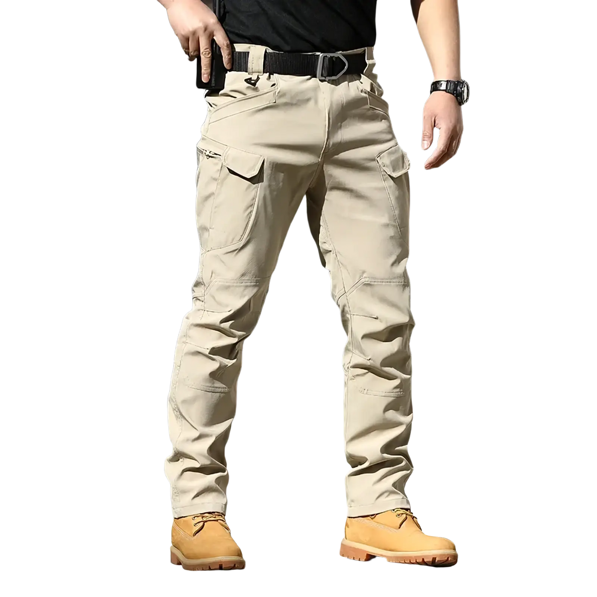 Beige men’s waterproof tactical cargo pants with multiple pockets and reinforced knees for durability
