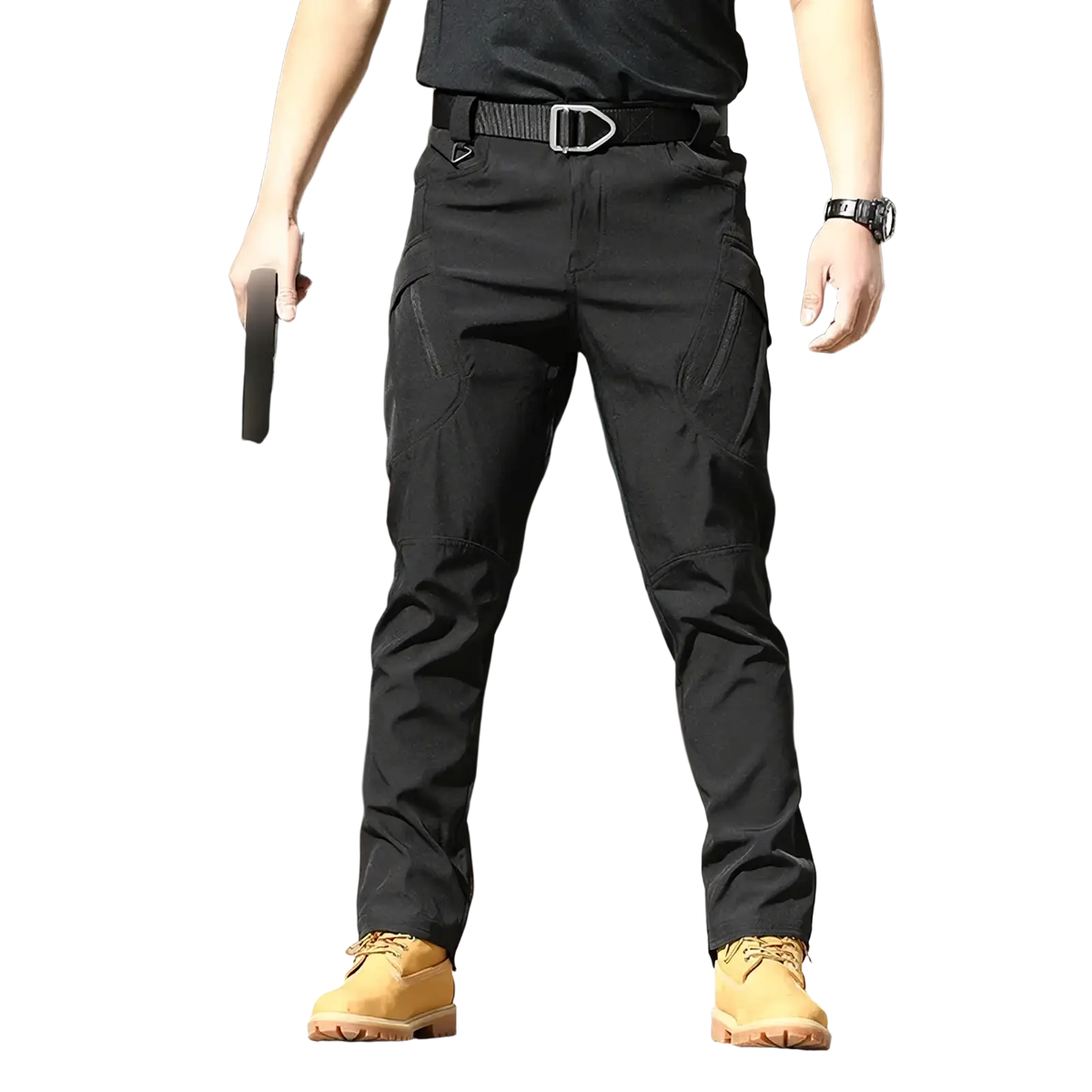 Men’s black waterproof tactical cargo pants with multiple pockets and a sturdy belt shown from the back side