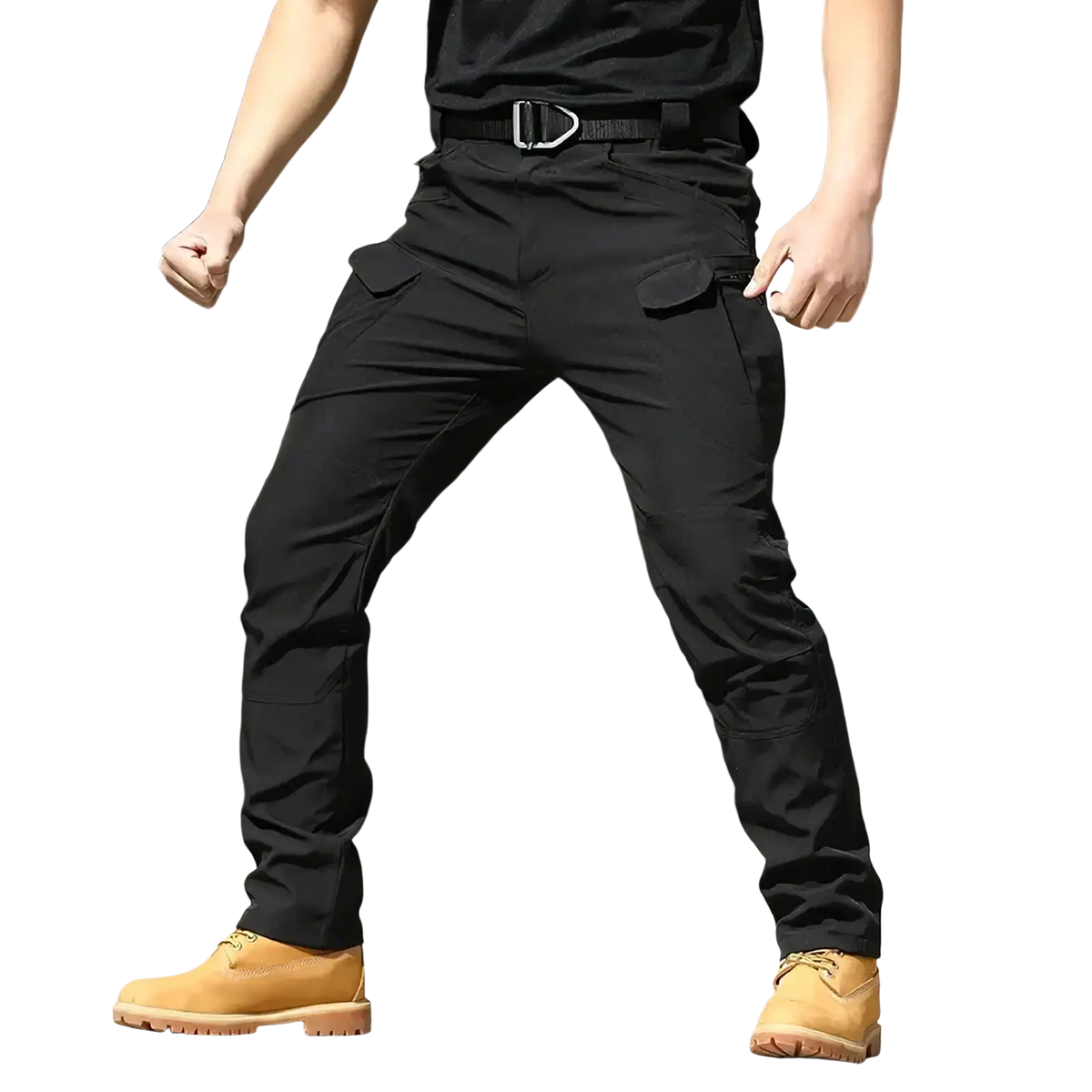Men’s black waterproof tactical cargo pants with multiple cargo pockets and sturdy belt loop design