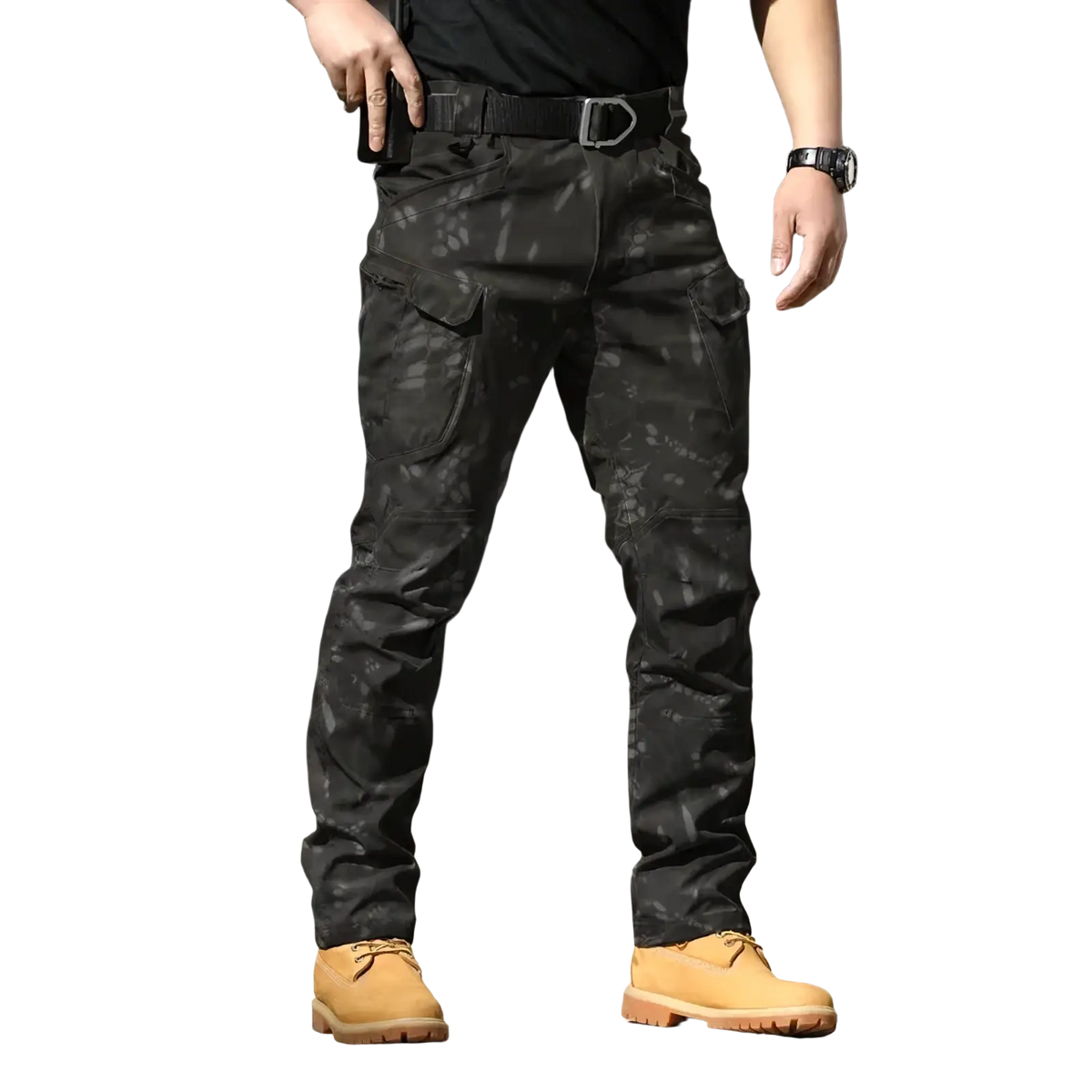 Men’s waterproof tactical cargo pants in black digital camouflage with multiple cargo pockets for outdoor use