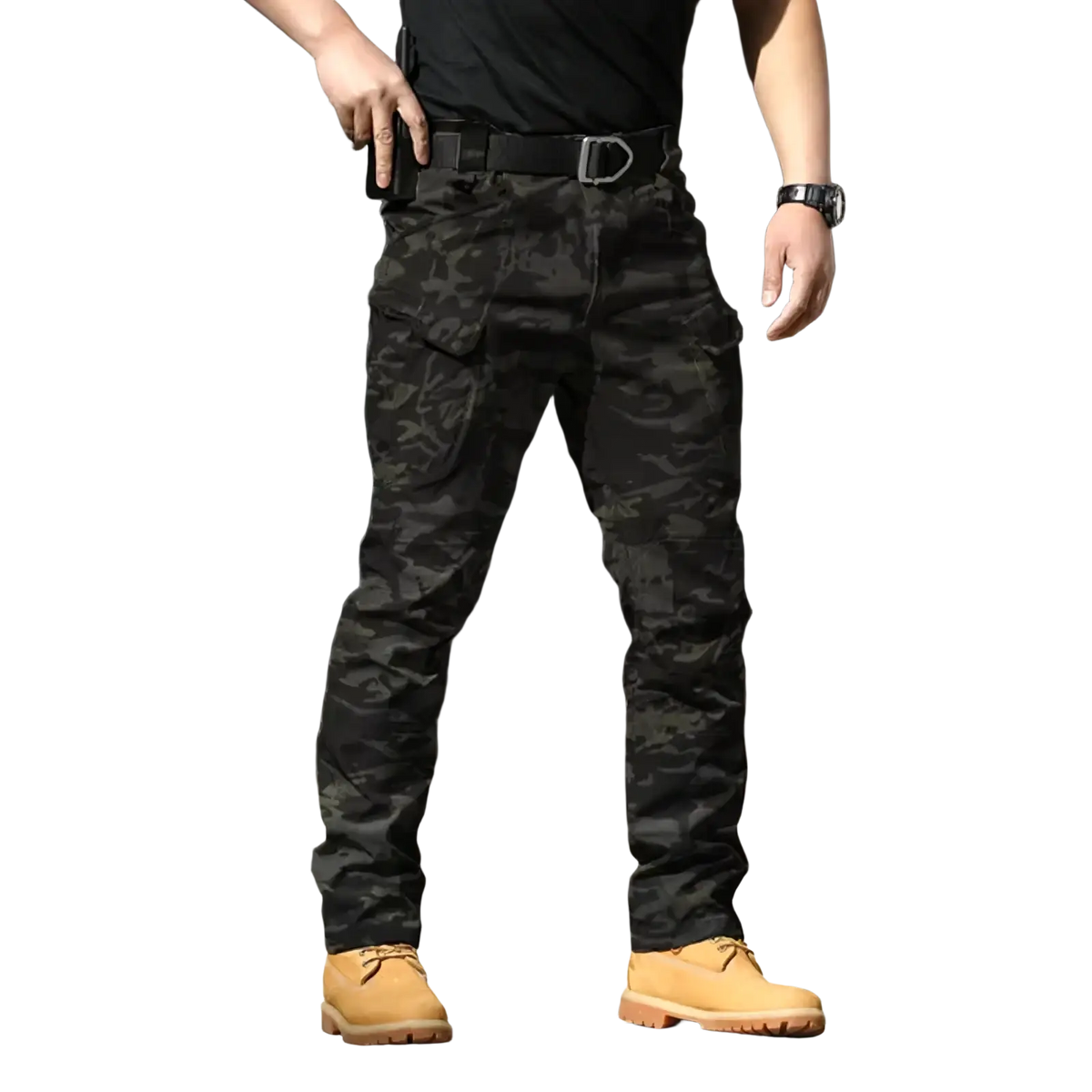 Men’s black waterproof tactical cargo pants with multiple pockets and a sturdy belt shown from the back side